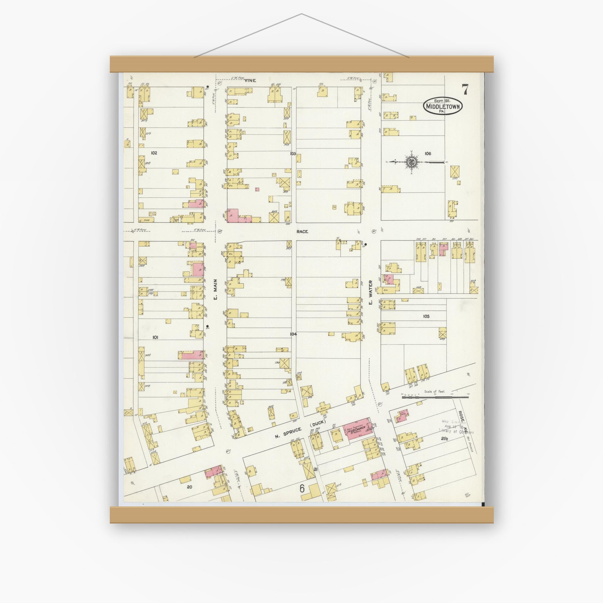 Old map wall art mockup — magnetic wood frame on white wall — Sanborn Fire Insurance Map from Middletown, Dauphin County, Pennsylvania (1911), Sheet #0007