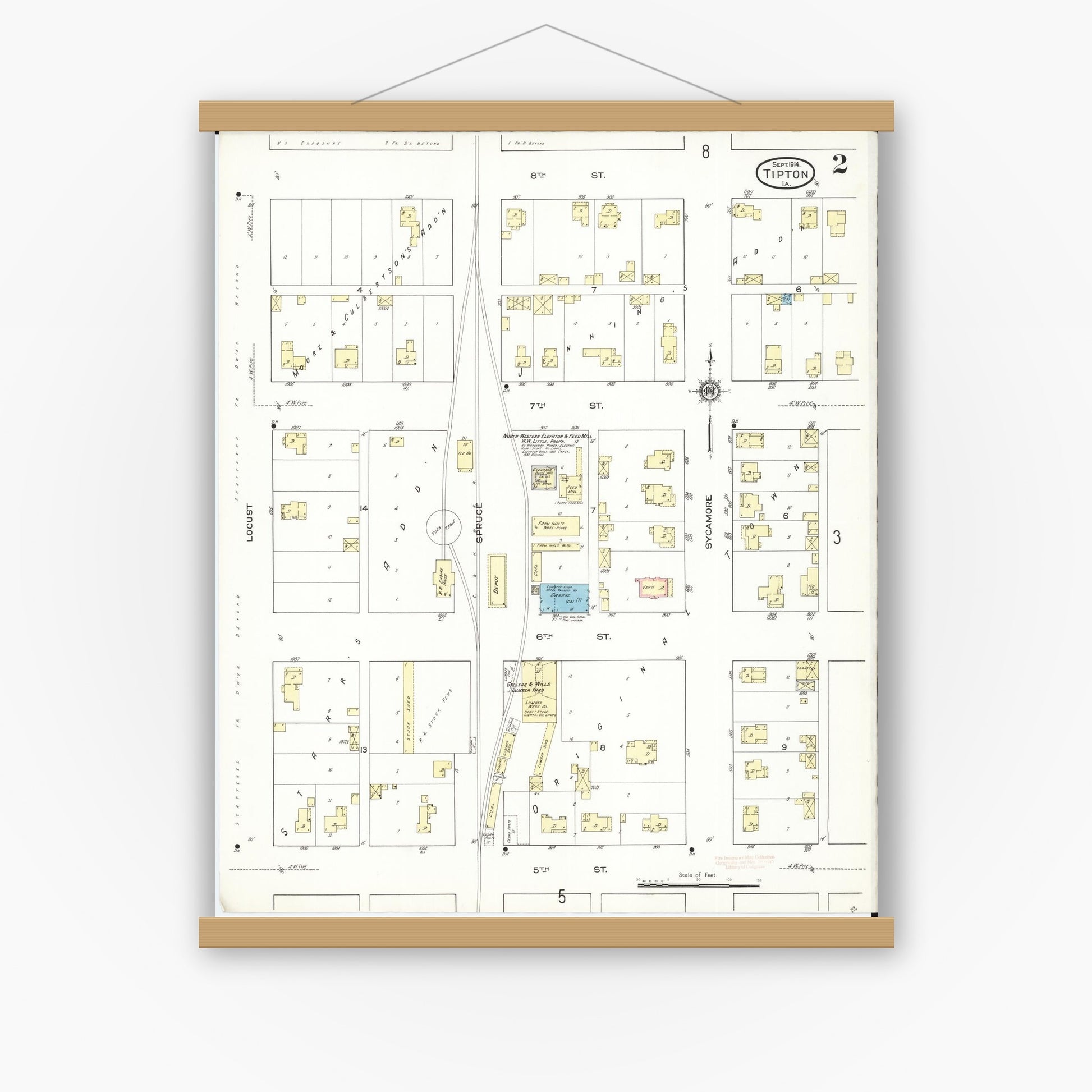 Old map wall art mockup — magnetic wood frame on white wall — Sanborn Fire Insurance Map from Tipton, Cedar County, Iowa (1914), Sheet #0002