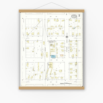 Old map wall art mockup — magnetic wood frame on white wall — Sanborn Fire Insurance Map from Tipton, Cedar County, Iowa (1914), Sheet #0002