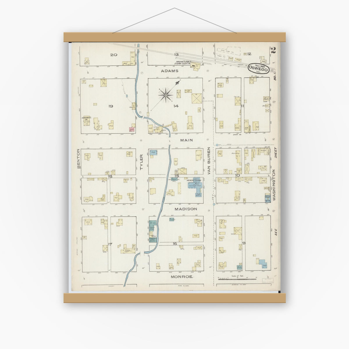 Old map wall art mockup — magnetic wood frame on white wall — Sanborn Fire Insurance Map from Oswego, Kendall County, Illinois (1885), Sheet #0002