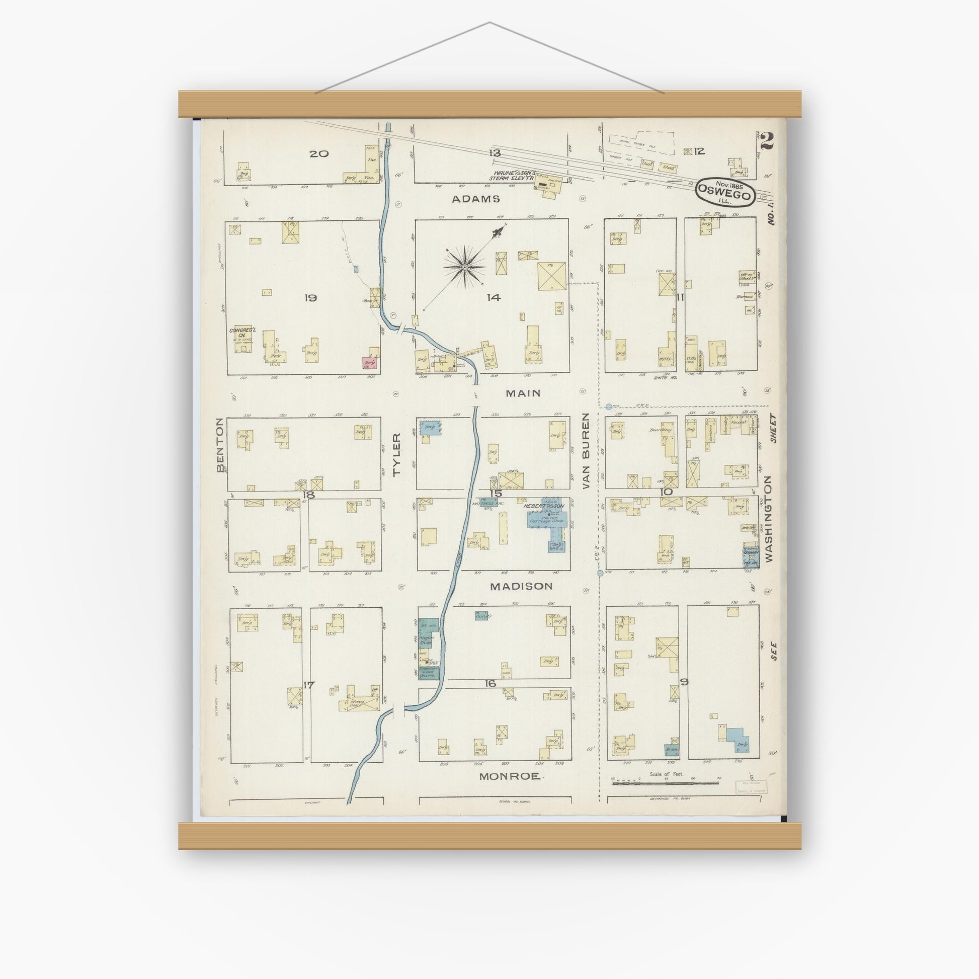 Old map wall art mockup — magnetic wood frame on white wall — Sanborn Fire Insurance Map from Oswego, Kendall County, Illinois (1885), Sheet #0002