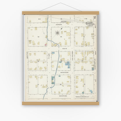 Old map wall art mockup — magnetic wood frame on white wall — Sanborn Fire Insurance Map from Oswego, Kendall County, Illinois (1885), Sheet #0002