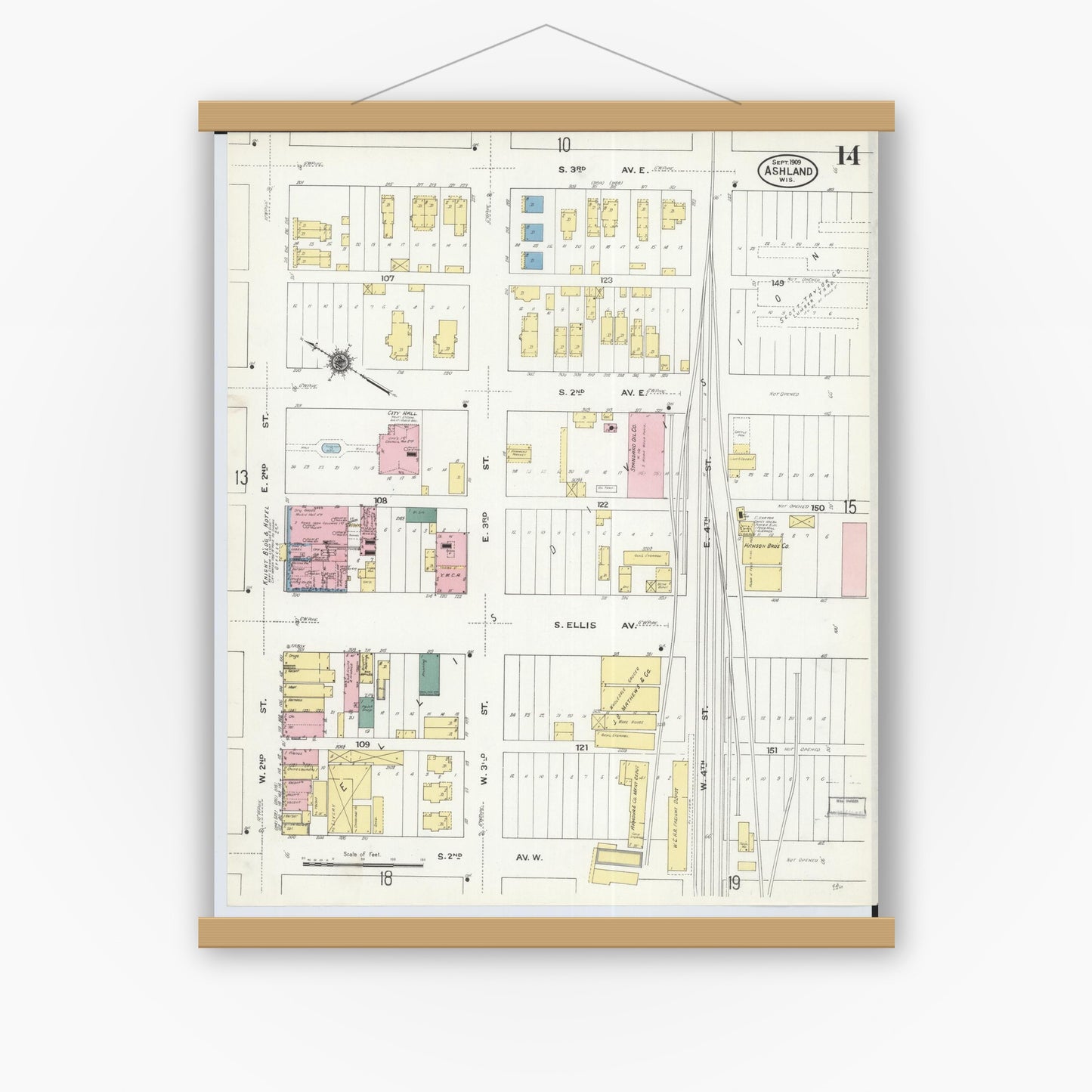 Old map wall art mockup — magnetic wood frame on white wall — Sanborn Fire Insurance Map from Ashland, Ashland County, Wisconsin (1909), Sheet #0014