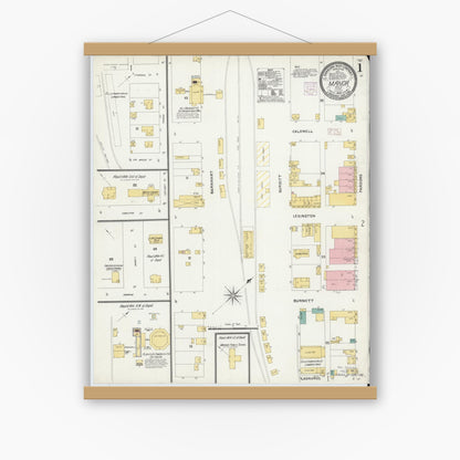 Old map wall art mockup — magnetic wood frame on white wall — Sanborn Fire Insurance Map from Manor, Travis County, Texas (1905), Sheet #0001