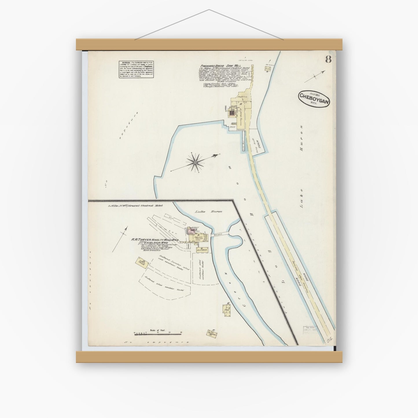 Old map wall art mockup — magnetic wood frame on white wall — Sanborn Fire Insurance Map from Cheboygan, Cheboygan County, Michigan (1884), Sheet #0008