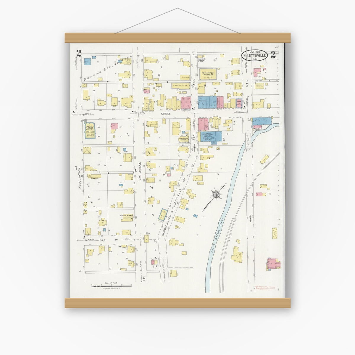Old map wall art mockup — magnetic wood frame on white wall — Sanborn Fire Insurance Map from Ellettsville, Monroe County, Indiana (1929), Sheet #0002