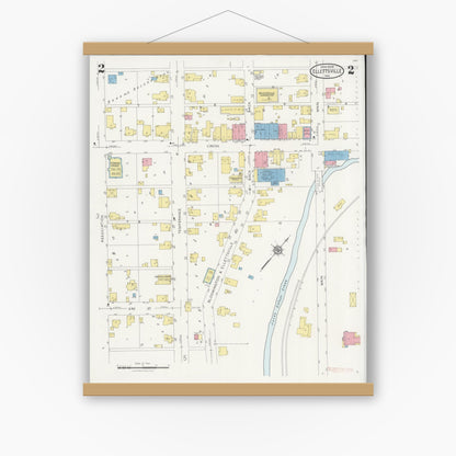 Old map wall art mockup — magnetic wood frame on white wall — Sanborn Fire Insurance Map from Ellettsville, Monroe County, Indiana (1929), Sheet #0002