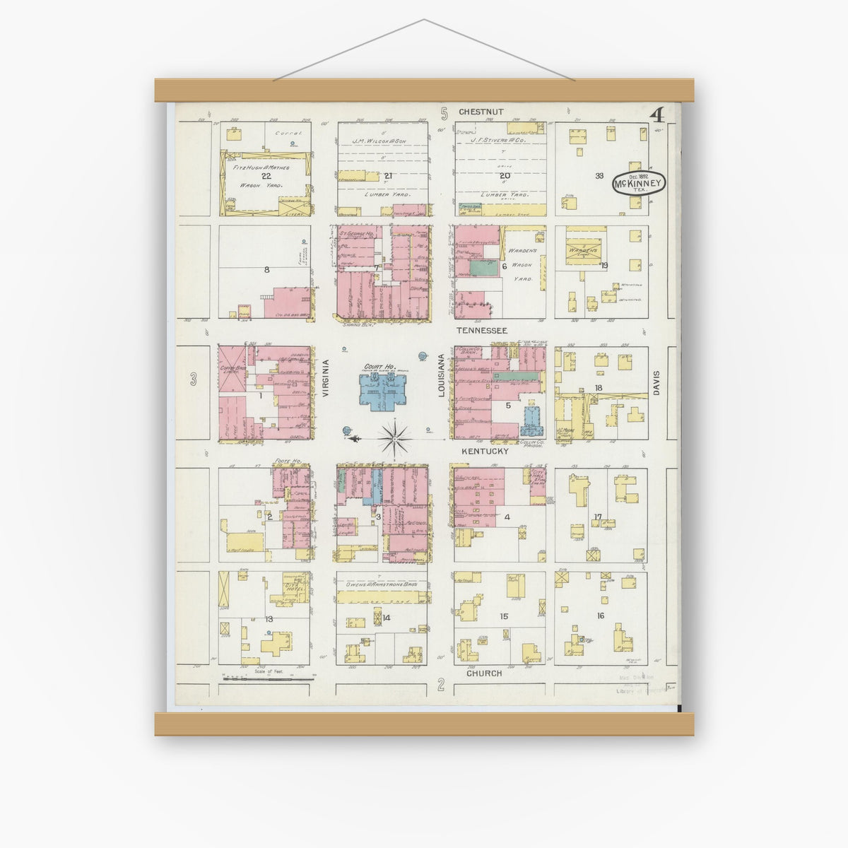 Old map wall art mockup — magnetic wood frame on white wall — Sanborn Fire Insurance Map from McKinney, Collin County, Texas (1892), Sheet #0004
