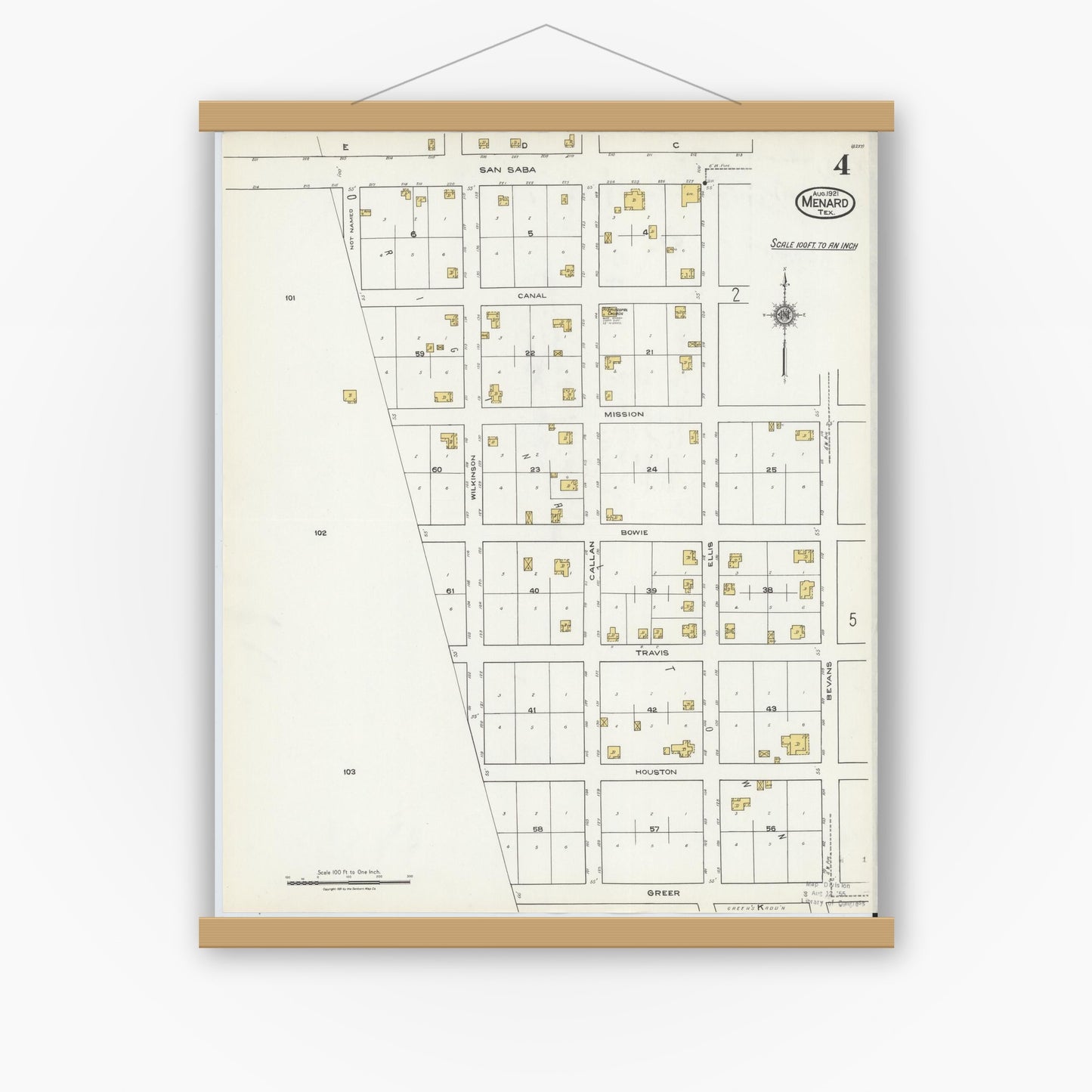 Old map wall art mockup — magnetic wood frame on white wall — Sanborn Fire Insurance Map from Menard, Menard County, Texas (1921), Sheet #0004