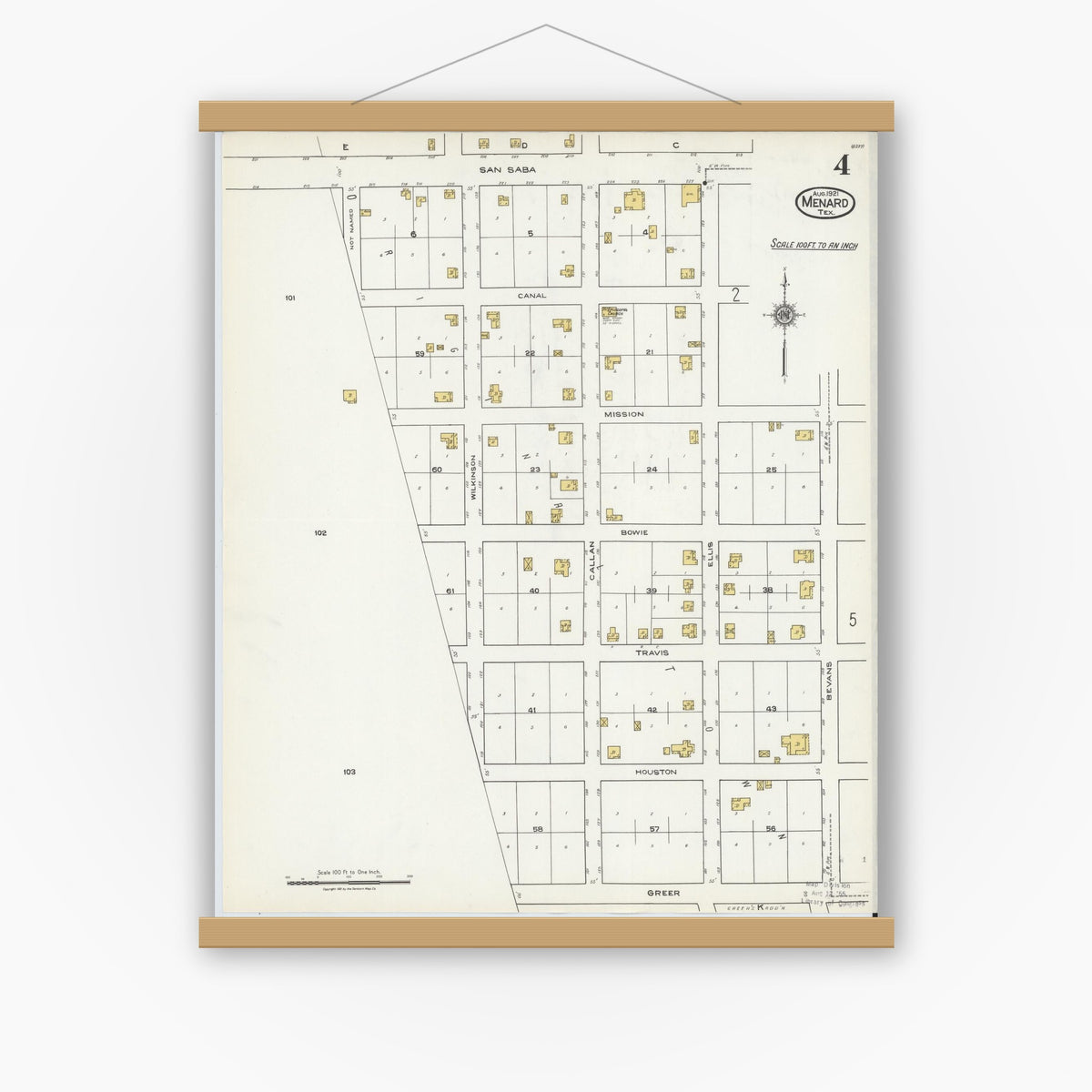 Old map wall art mockup — magnetic wood frame on white wall — Sanborn Fire Insurance Map from Menard, Menard County, Texas (1921), Sheet #0004