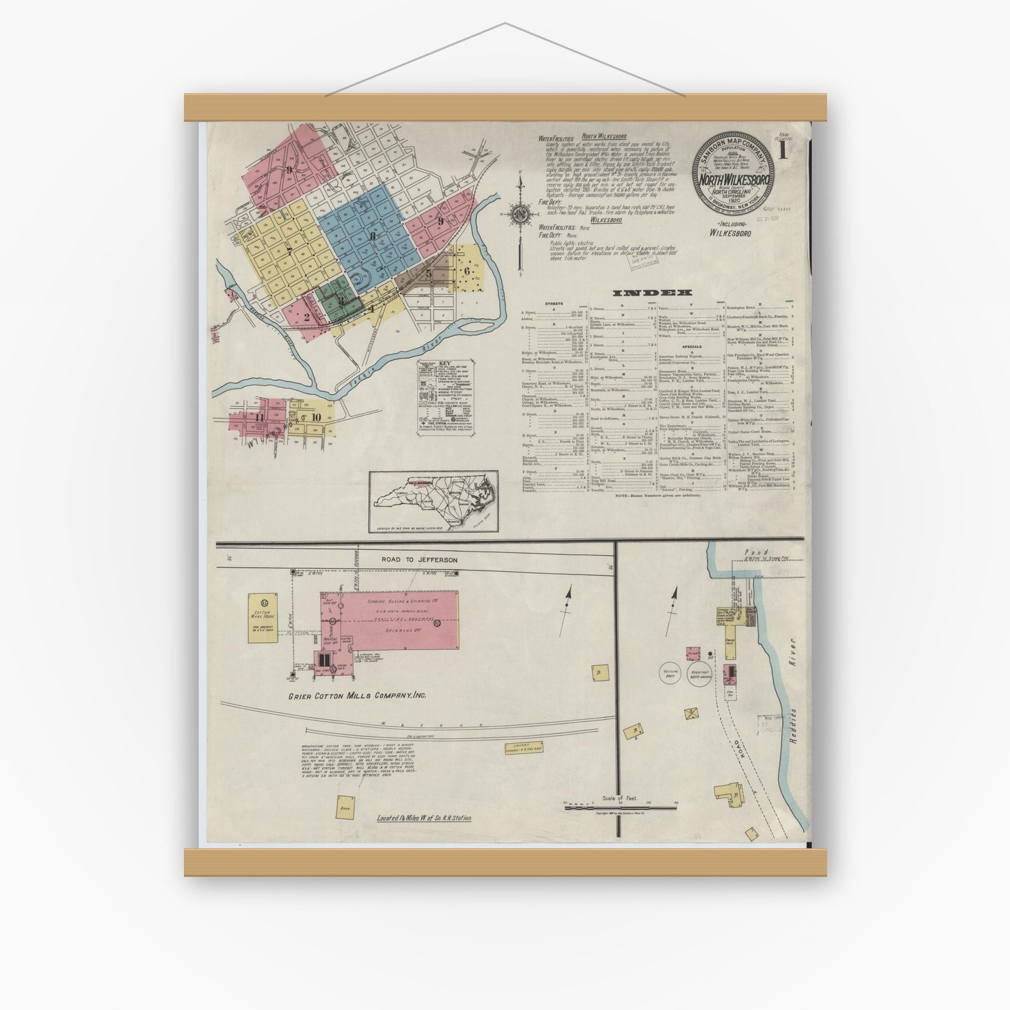 Old map wall art mockup — magnetic wood frame on white wall — Sanborn Fire Insurance Map from North Wilkesboro, Wilkes County, North Carolina (1920), Sheet #0001