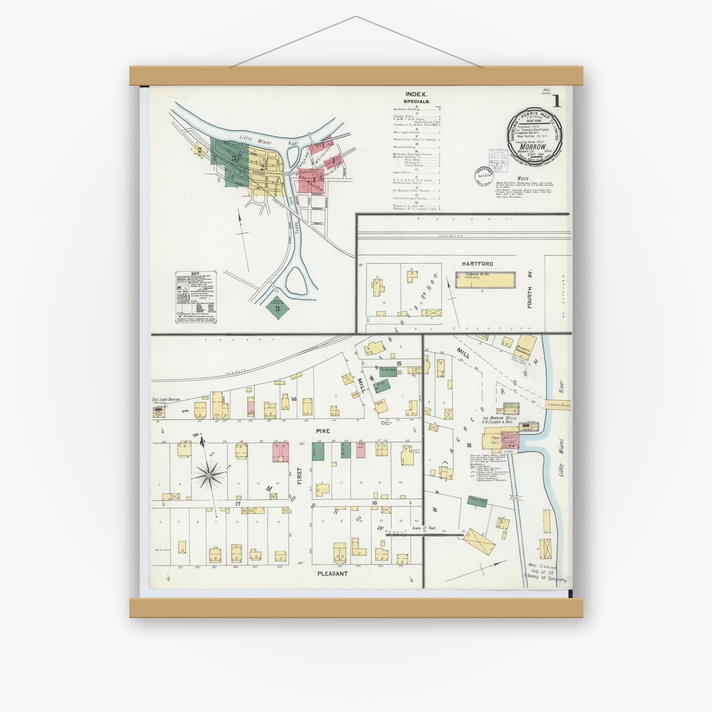 Old map wall art mockup — magnetic wood frame on white wall — Sanborn Fire Insurance Map from Morrow, Warren County, Ohio (1901) - Complete Map Set