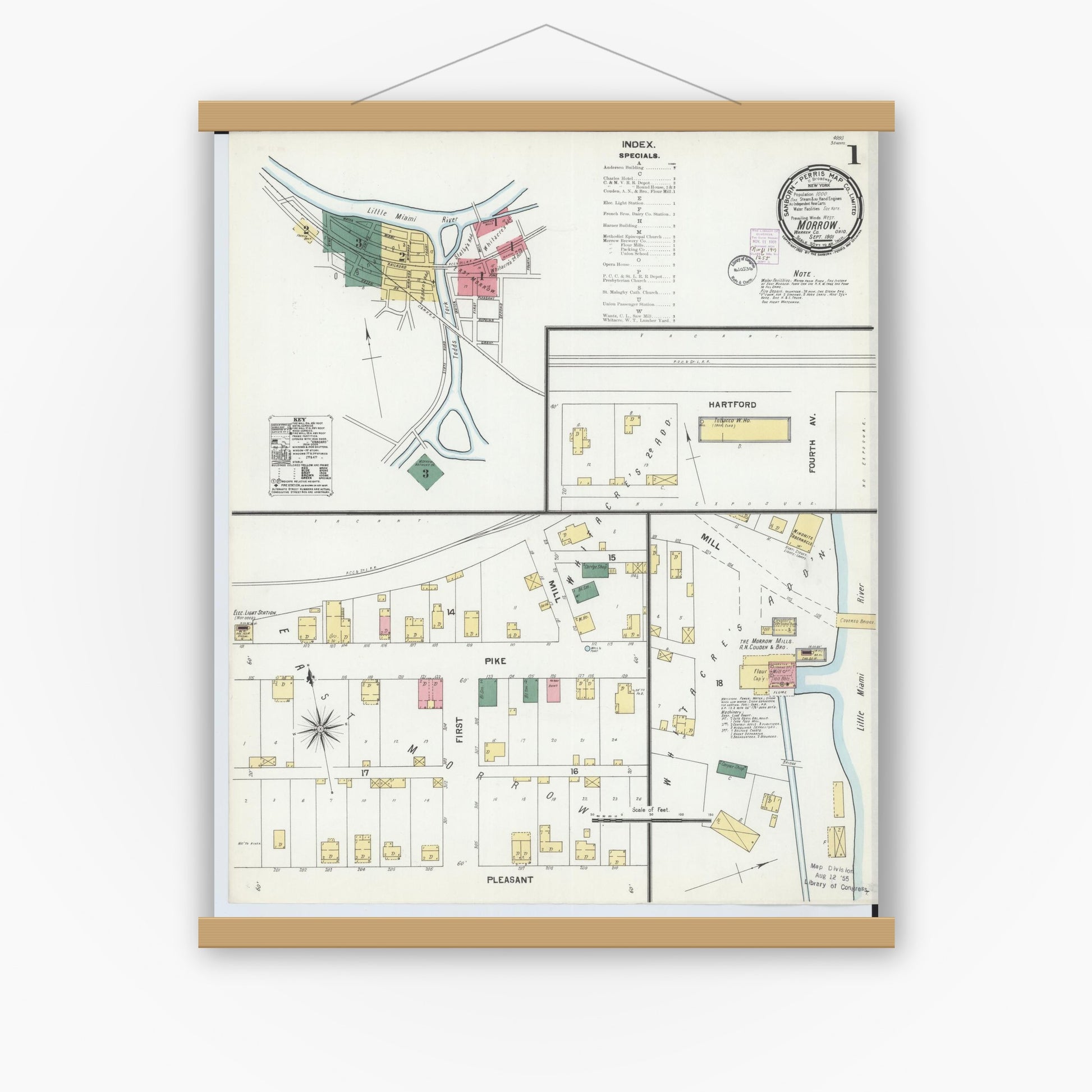 Old map wall art mockup — magnetic wood frame on white wall — Sanborn Fire Insurance Map from Morrow, Warren County, Ohio (1901) - Complete Map Set