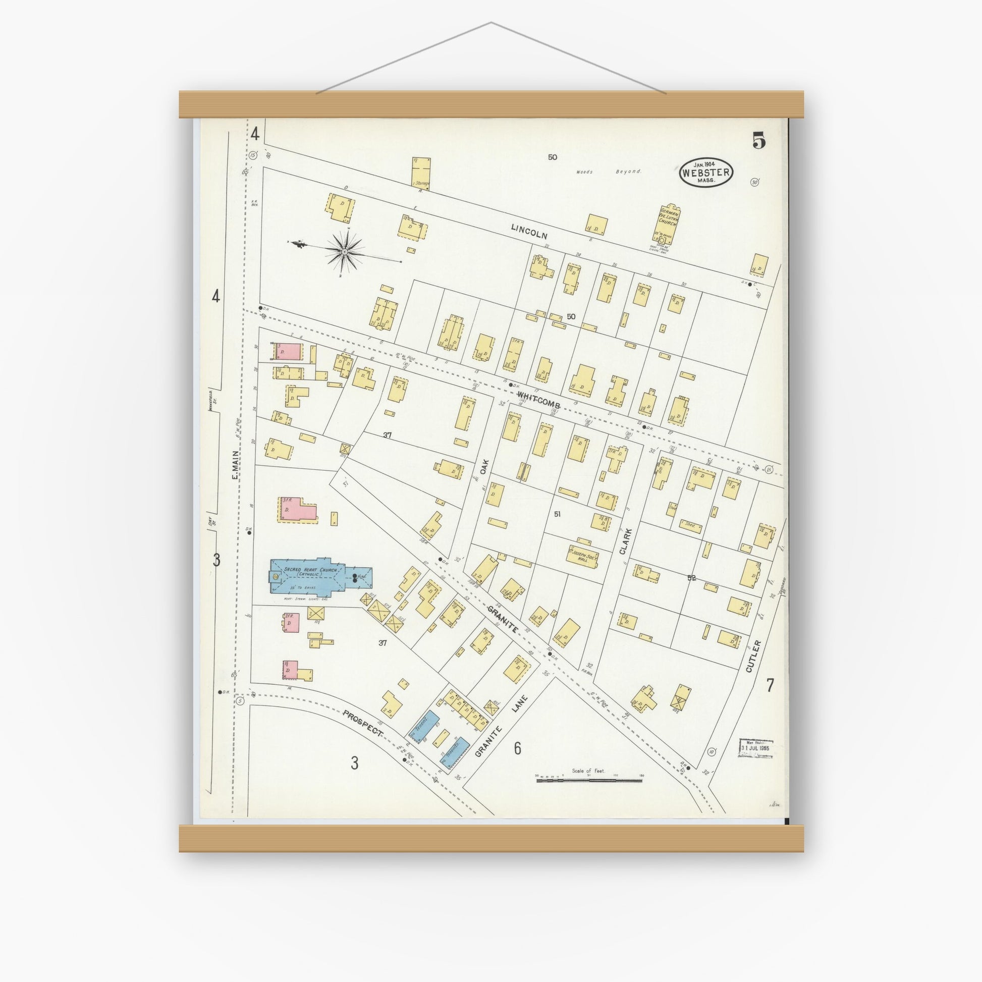 Old map wall art mockup — magnetic wood frame on white wall — Sanborn Fire Insurance Map from Webster, Worcester County, Massachusetts (1904), Sheet #0005