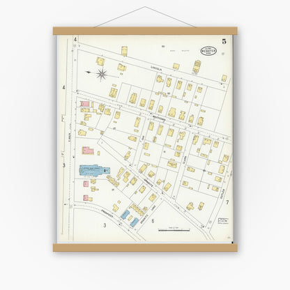 Old map wall art mockup — magnetic wood frame on white wall — Sanborn Fire Insurance Map from Webster, Worcester County, Massachusetts (1904), Sheet #0005