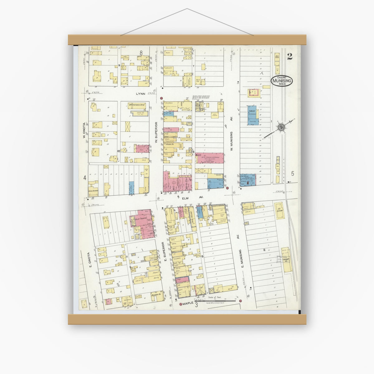 Old map wall art mockup — magnetic wood frame on white wall — Sanborn Fire Insurance Map from Munising, Alger County, Michigan (1917), Sheet #0002