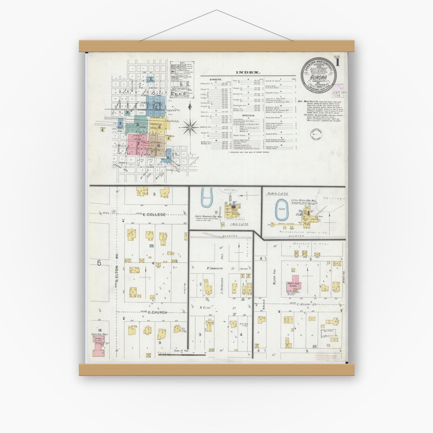 Old map wall art mockup — magnetic wood frame on white wall — Sanborn Fire Insurance Map from Aurora, Lawrence County, Missouri (1902) - Complete Map Set