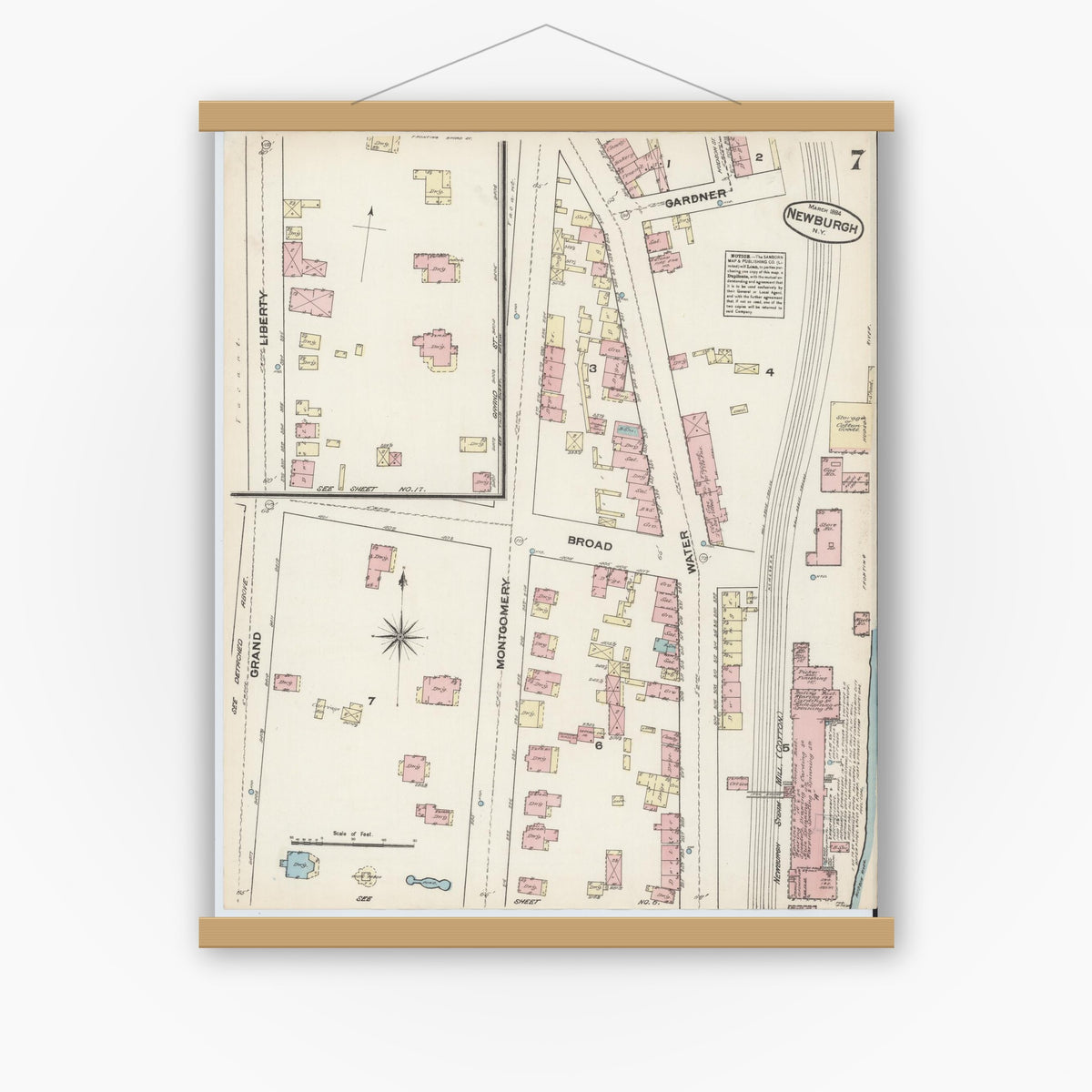 Old map wall art mockup — magnetic wood frame on white wall — Sanborn Fire Insurance Map from Newburgh, Orange County, New York (1884), Sheet #0007