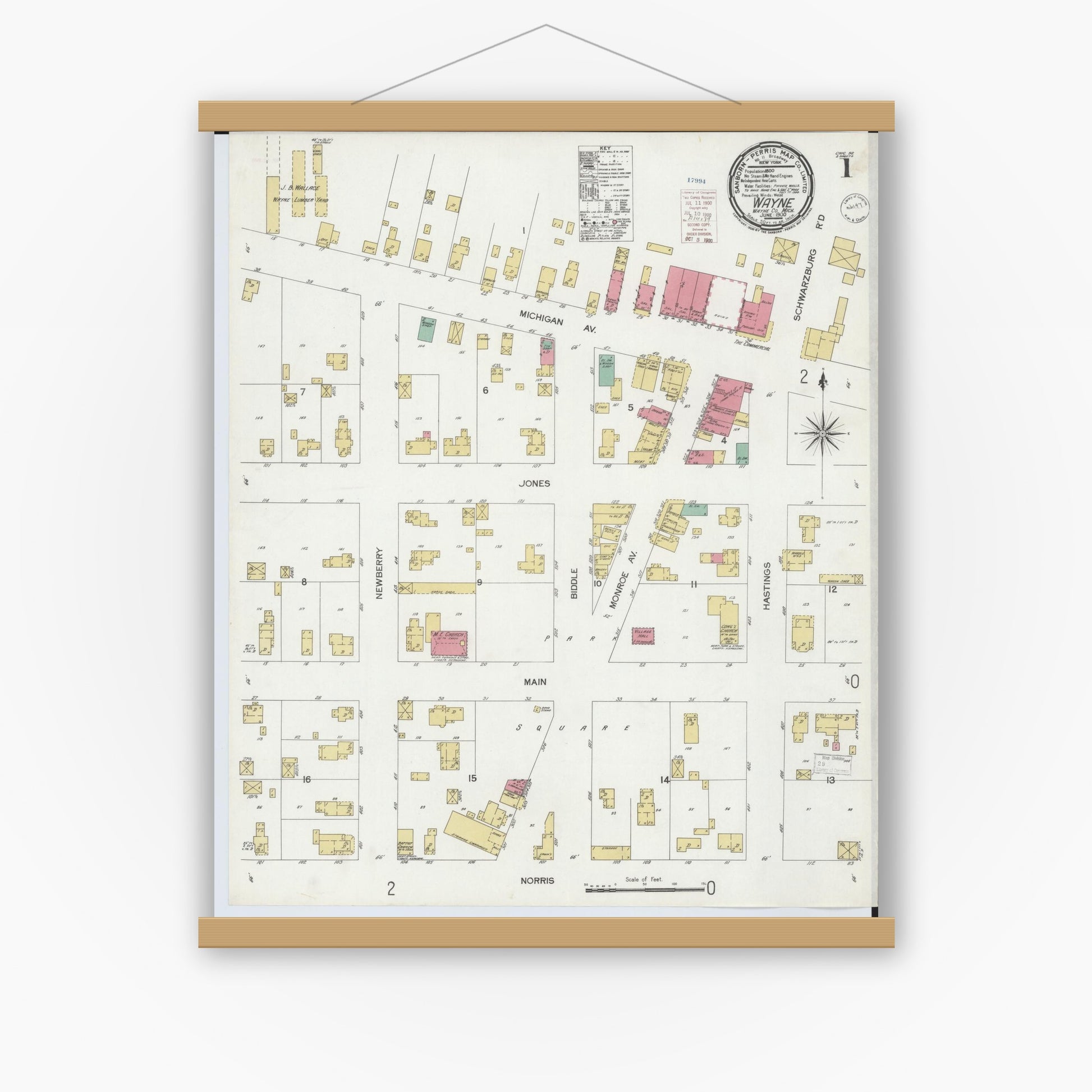 Old map wall art mockup — magnetic wood frame on white wall — Sanborn Fire Insurance Map from Wayne, Wayne County, Michigan (1900) - Complete Map Set