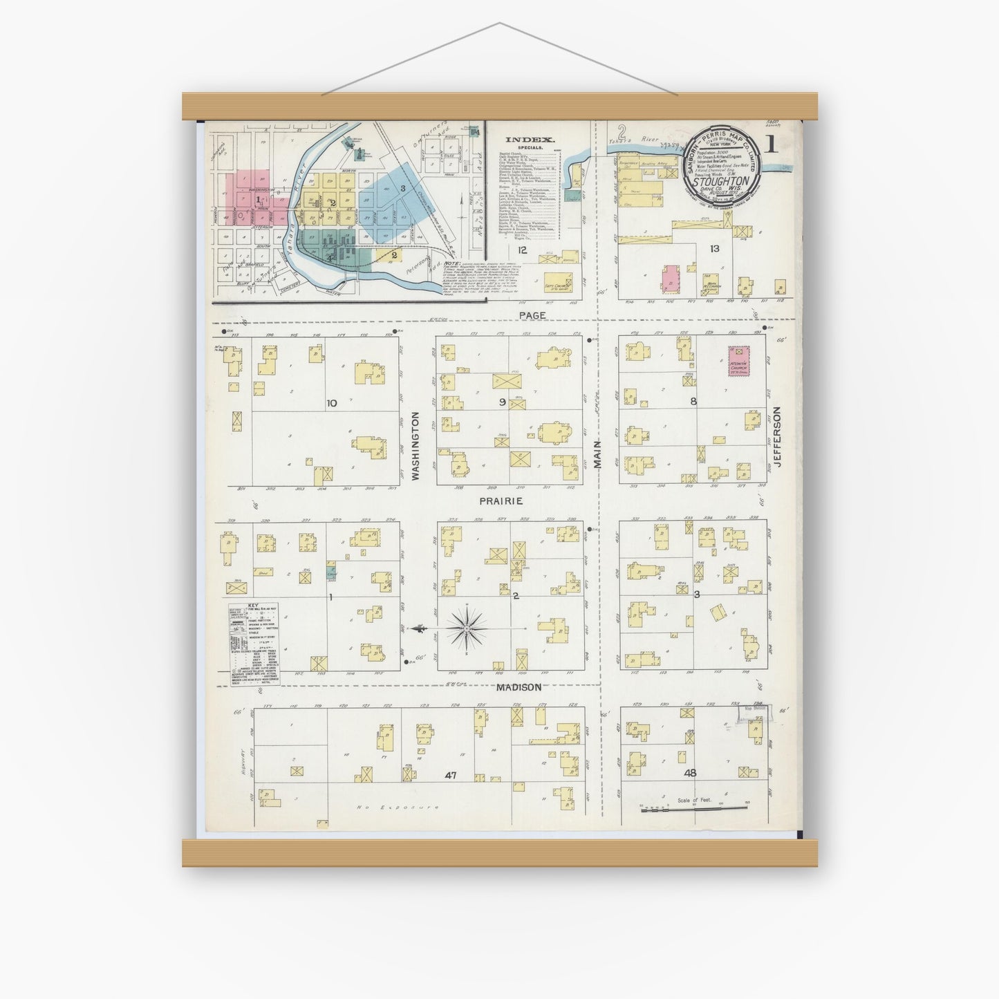 Old map wall art mockup — magnetic wood frame on white wall — Sanborn Fire Insurance Map from Stoughton, Dane County, Wisconsin (1892), Sheet #0001