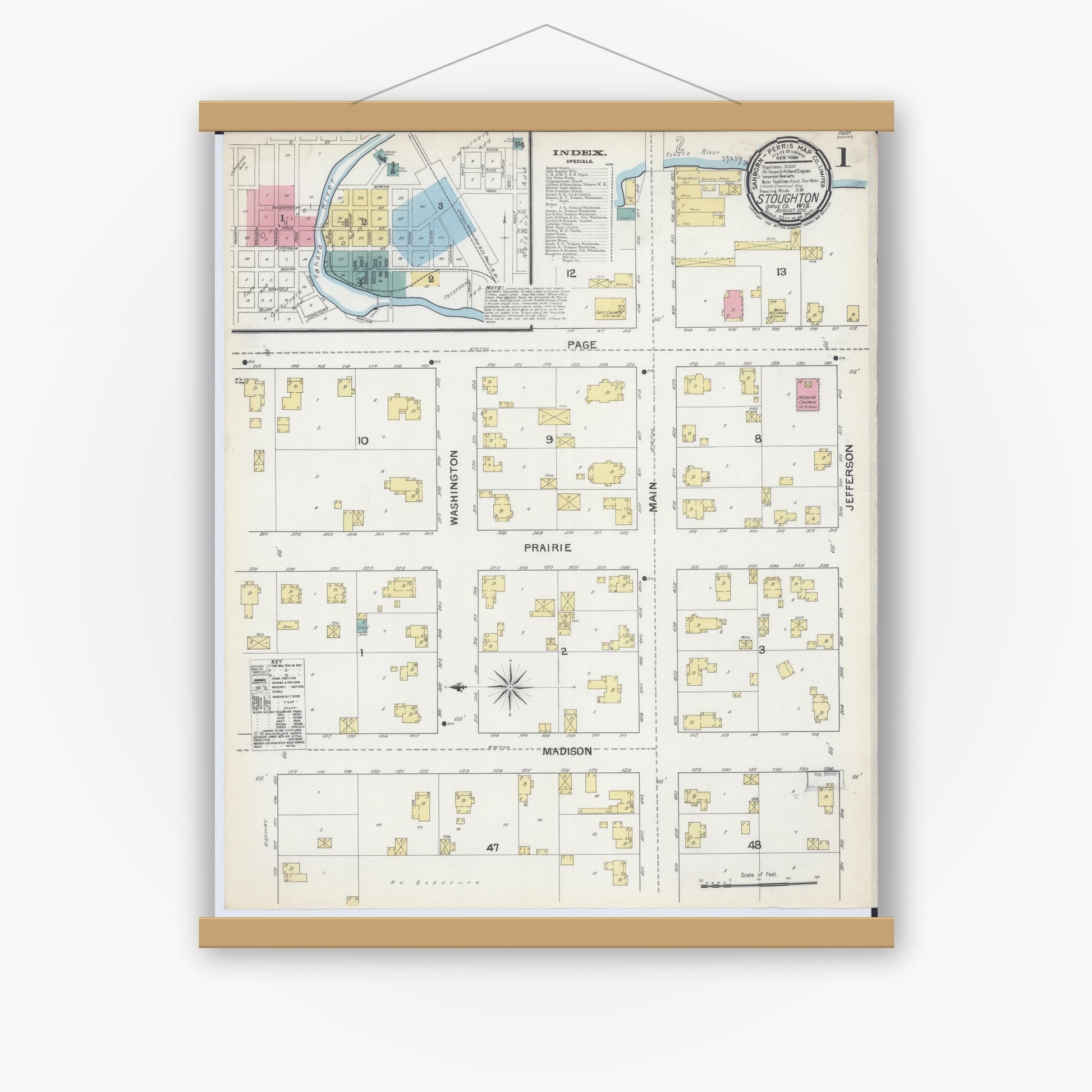 Old map wall art mockup — magnetic wood frame on white wall — Sanborn Fire Insurance Map from Stoughton, Dane County, Wisconsin (1892), Sheet #0001