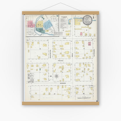 Old map wall art mockup — magnetic wood frame on white wall — Sanborn Fire Insurance Map from Stoughton, Dane County, Wisconsin (1892), Sheet #0001
