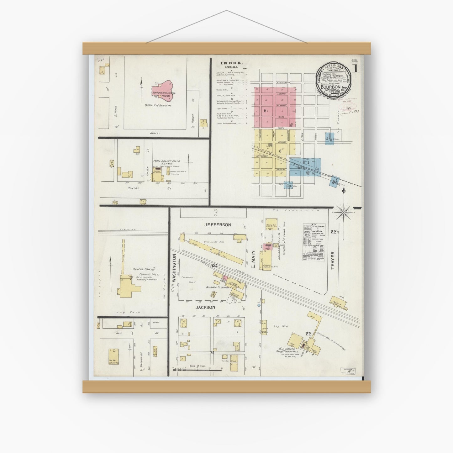 Old map wall art mockup — magnetic wood frame on white wall — Sanborn Fire Insurance Map from Bourbon, Marshall County, Indiana (1892), Sheet #0001