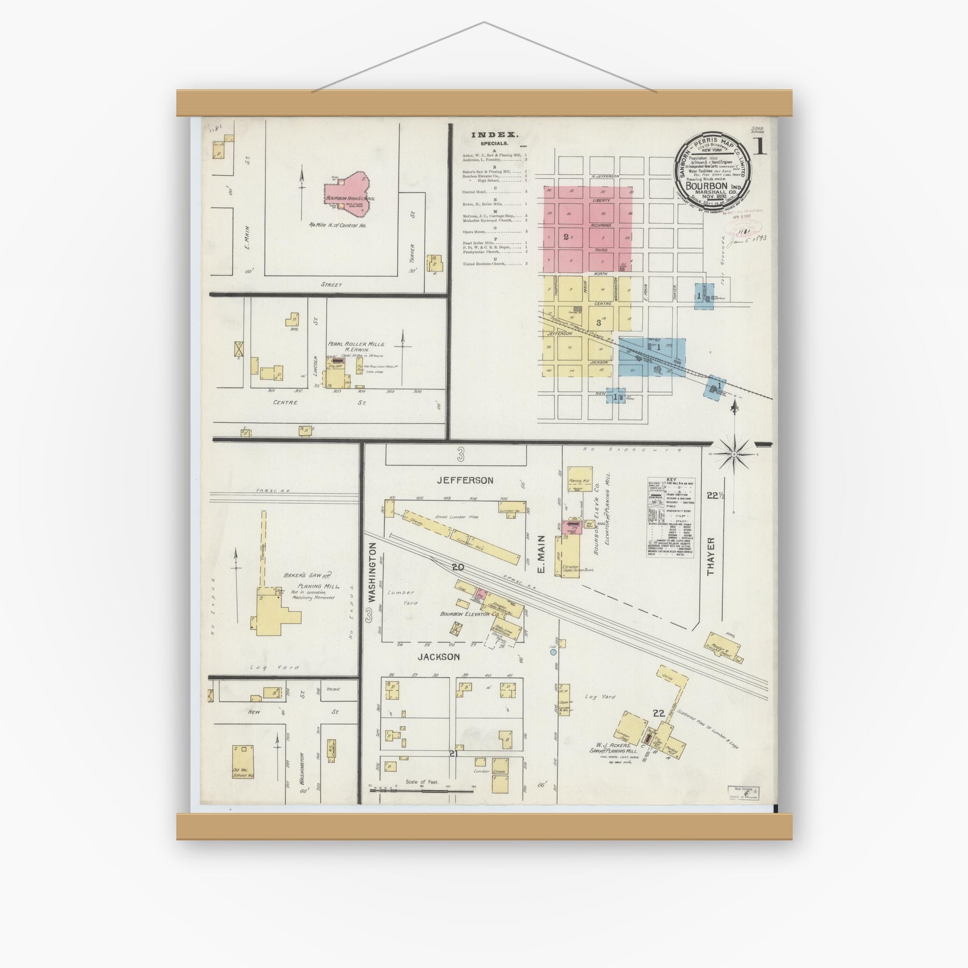 Old map wall art mockup — magnetic wood frame on white wall — Sanborn Fire Insurance Map from Bourbon, Marshall County, Indiana (1892), Sheet #0001
