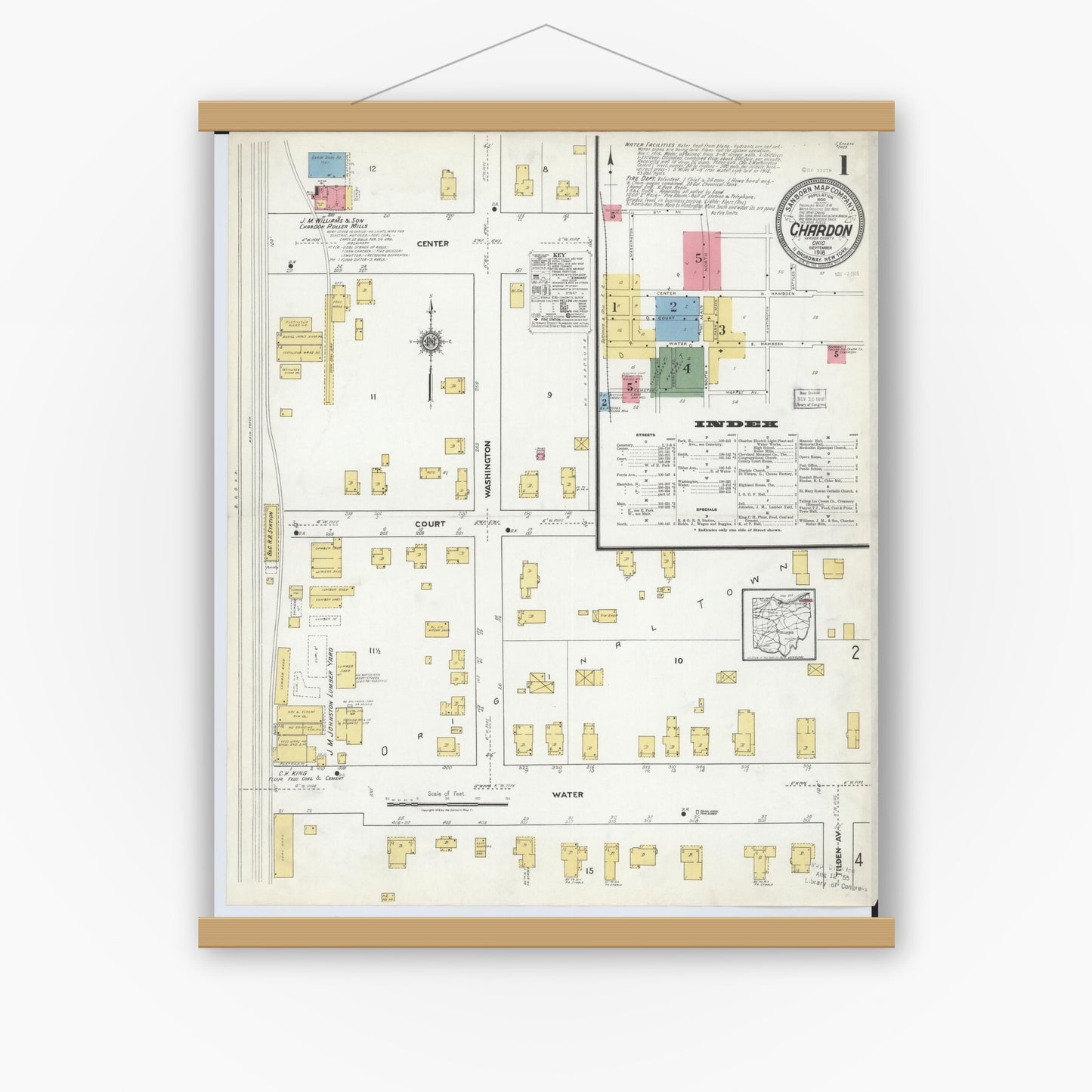 Old map wall art mockup — magnetic wood frame on white wall — Sanborn Fire Insurance Map from Chardon, Geauga County, Ohio (1918), Sheet #0001