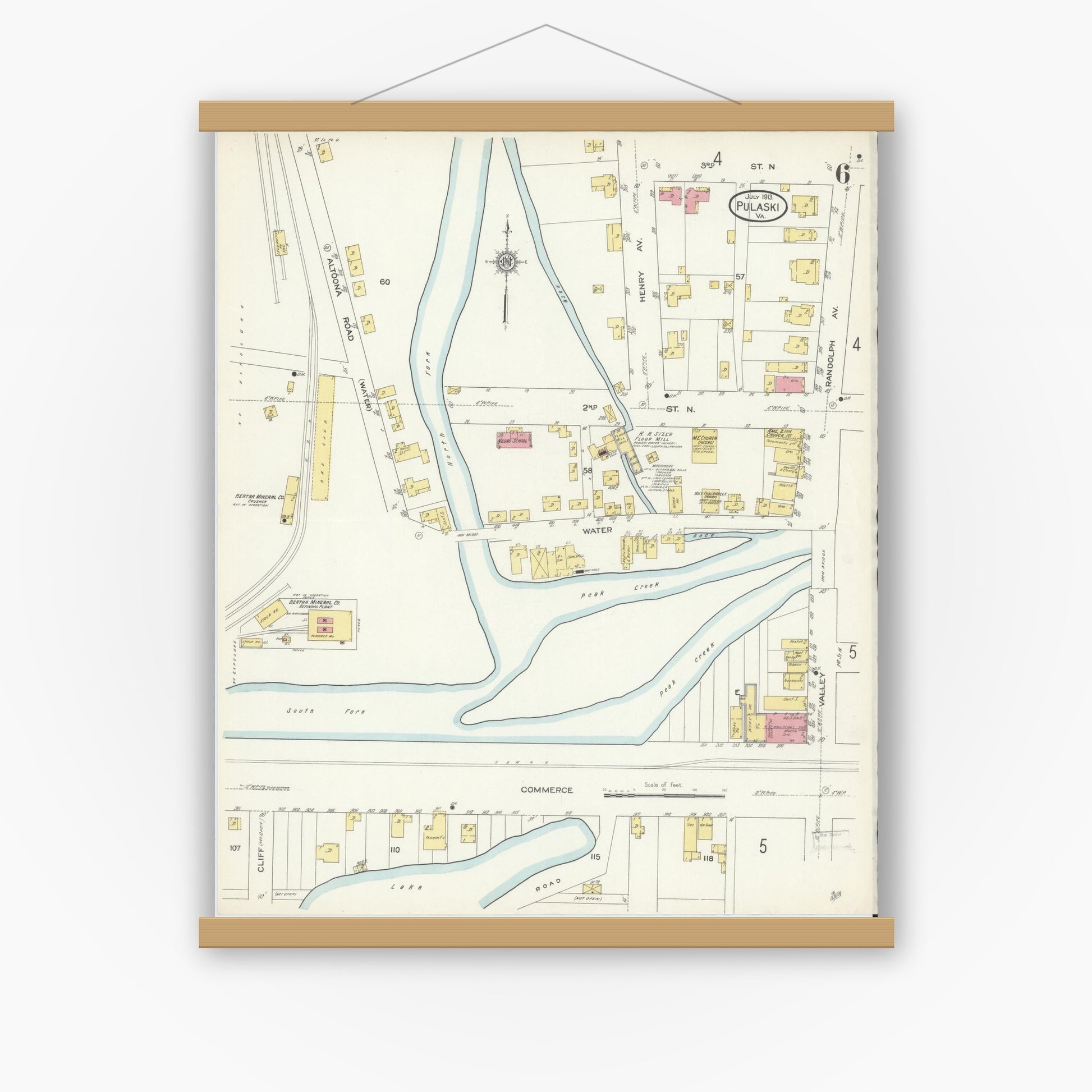 Old map wall art mockup — magnetic wood frame on white wall — Sanborn Fire Insurance Map from Pulaski, Pulaski County, Virginia (1913), Sheet #0006