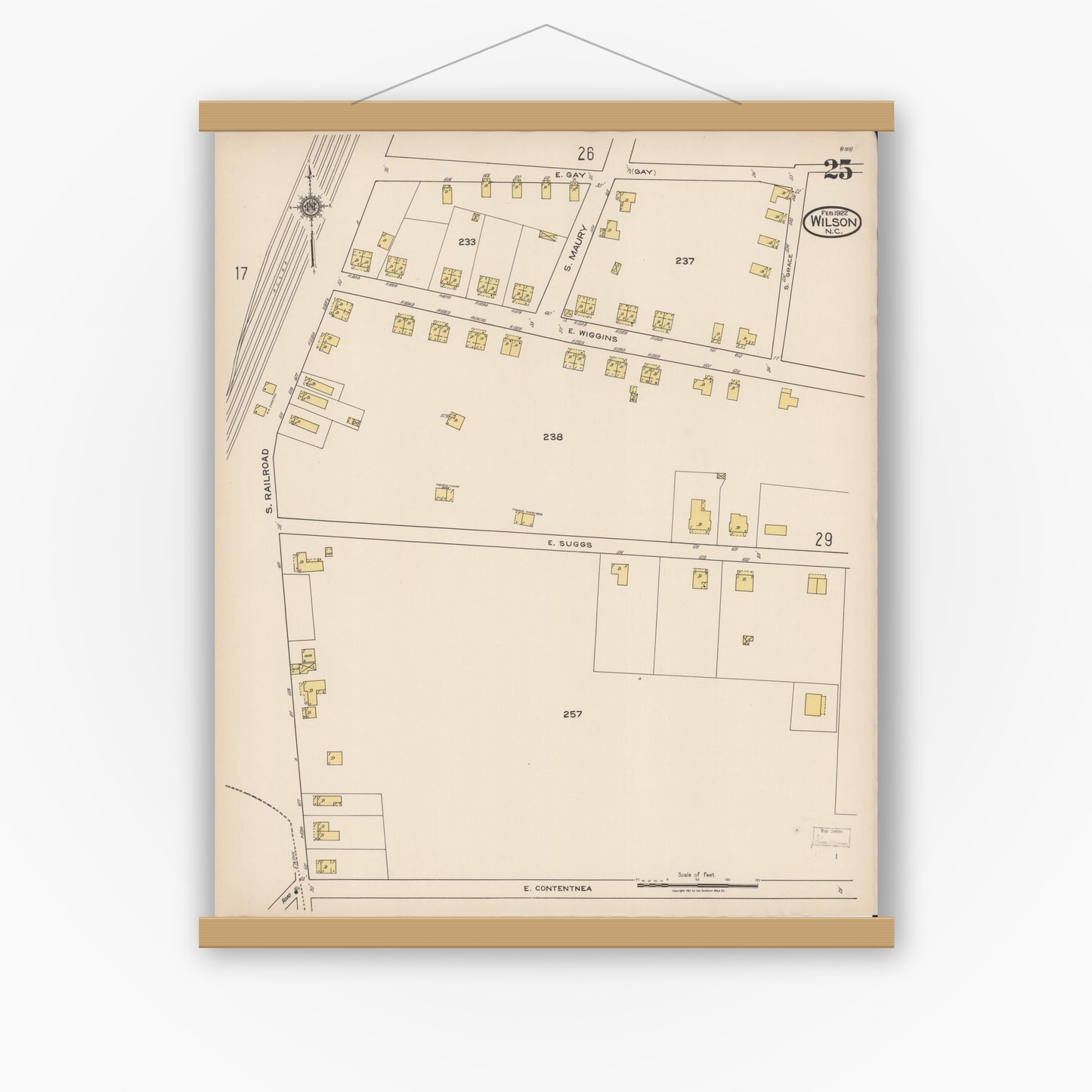 Old map wall art mockup — magnetic wood frame on white wall — Sanborn Fire Insurance Map from Wilson, Wilson County, North Carolina (1922), Sheet #0025