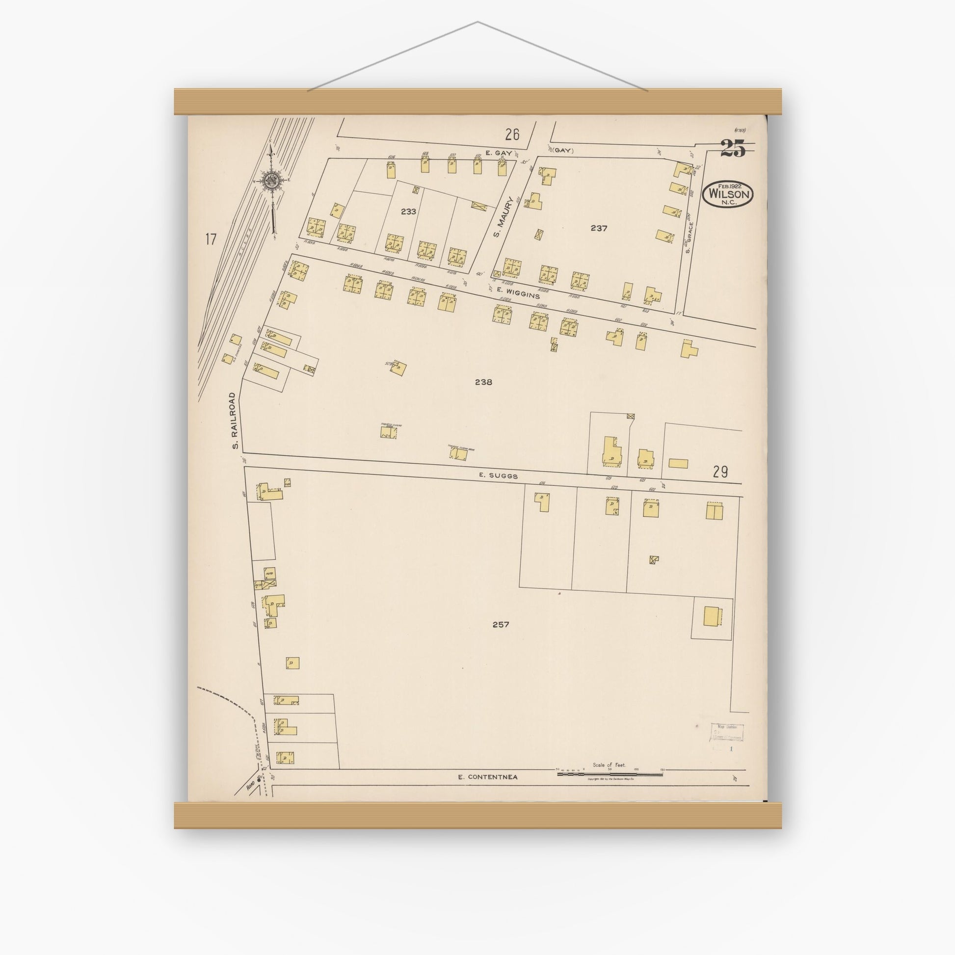 Old map wall art mockup — magnetic wood frame on white wall — Sanborn Fire Insurance Map from Wilson, Wilson County, North Carolina (1922), Sheet #0025