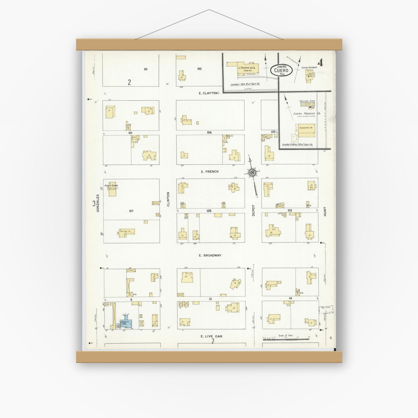 Old map wall art mockup — magnetic wood frame on white wall — Sanborn Fire Insurance Map from Cuero, De Witt County, Texas (1912), Sheet #0004