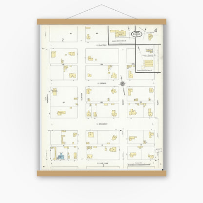 Old map wall art mockup — magnetic wood frame on white wall — Sanborn Fire Insurance Map from Cuero, De Witt County, Texas (1912), Sheet #0004