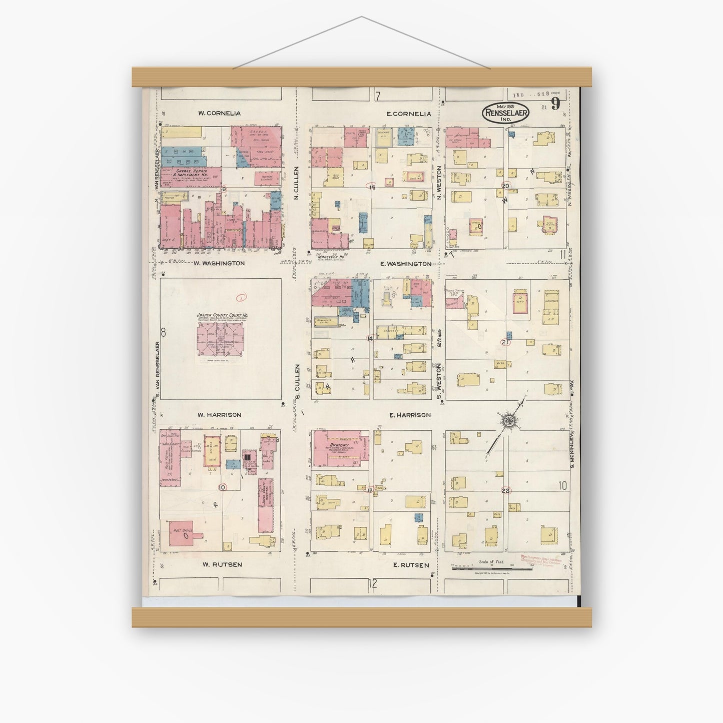 Old map wall art mockup — magnetic wood frame on white wall — Sanborn Fire Insurance Map from Rensselaer, Jasper County, Indiana (1942), Sheet #0009