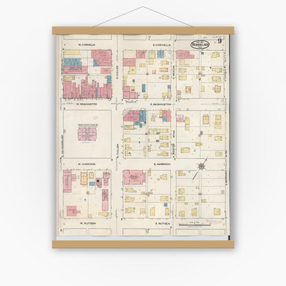 Old map wall art mockup — magnetic wood frame on white wall — Sanborn Fire Insurance Map from Rensselaer, Jasper County, Indiana (1942), Sheet #0009