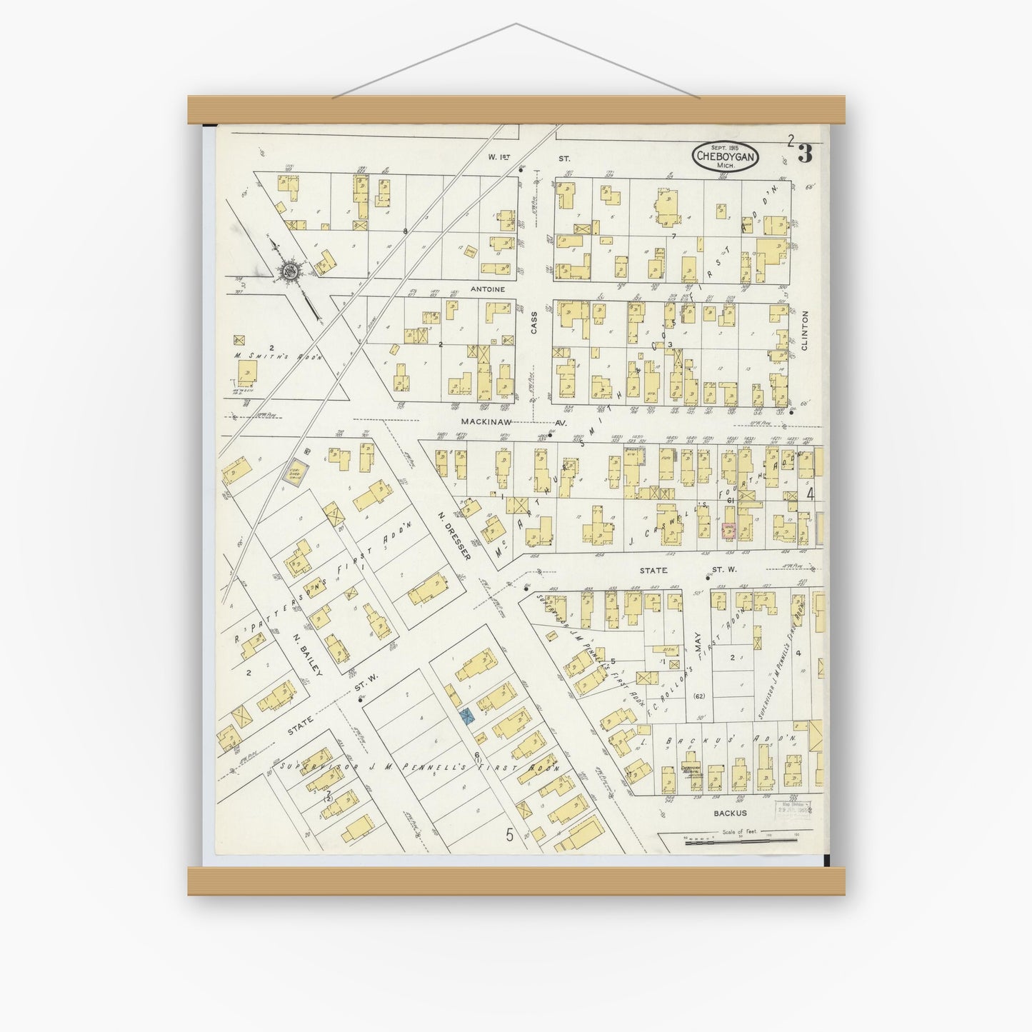 Old map wall art mockup — magnetic wood frame on white wall — Sanborn Fire Insurance Map from Cheboygan, Cheboygan County, Michigan (1915), Sheet #0003