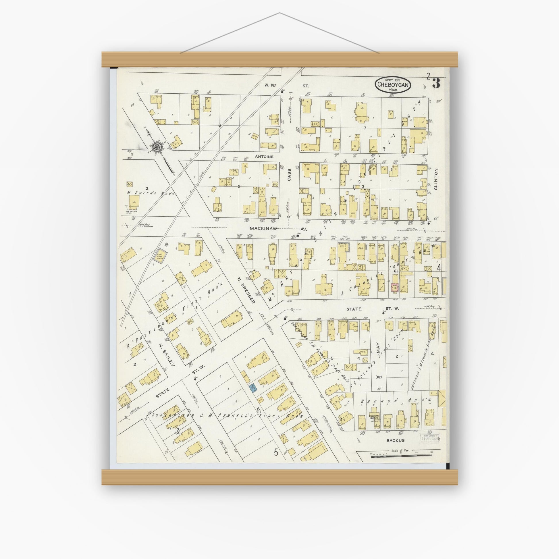 Old map wall art mockup — magnetic wood frame on white wall — Sanborn Fire Insurance Map from Cheboygan, Cheboygan County, Michigan (1915), Sheet #0003
