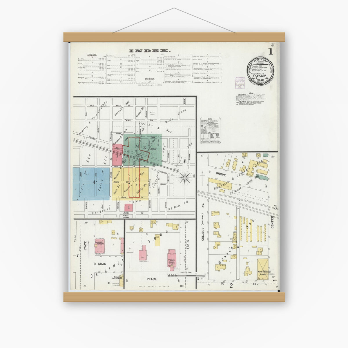 Old map wall art mockup — magnetic wood frame on white wall — Sanborn Fire Insurance Map from Geneseo, Henry County, Illinois (1901) - Complete Map Set