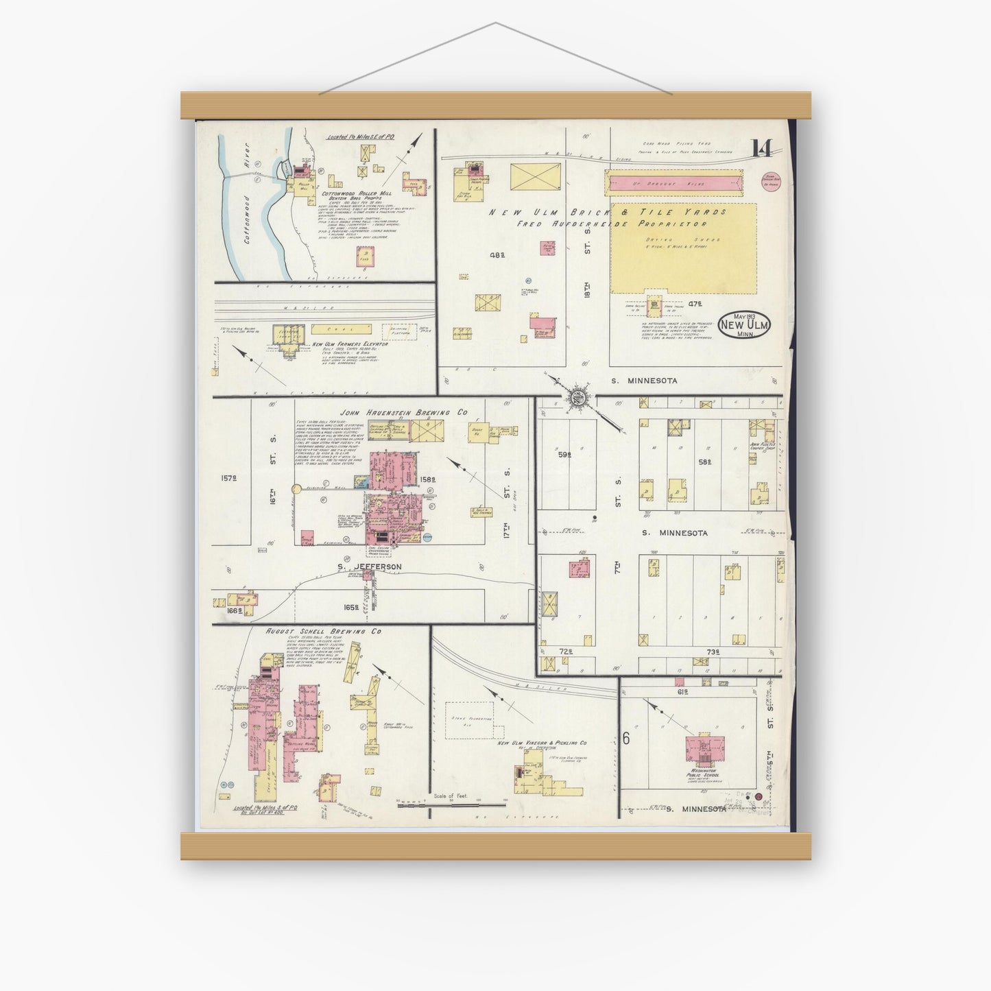 Old map wall art mockup — magnetic wood frame on white wall — Sanborn Fire Insurance Map from New Ulm, Brown County, Minnesota (1913), Sheet #0014