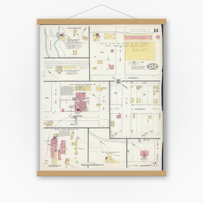 Old map wall art mockup — magnetic wood frame on white wall — Sanborn Fire Insurance Map from New Ulm, Brown County, Minnesota (1913), Sheet #0014