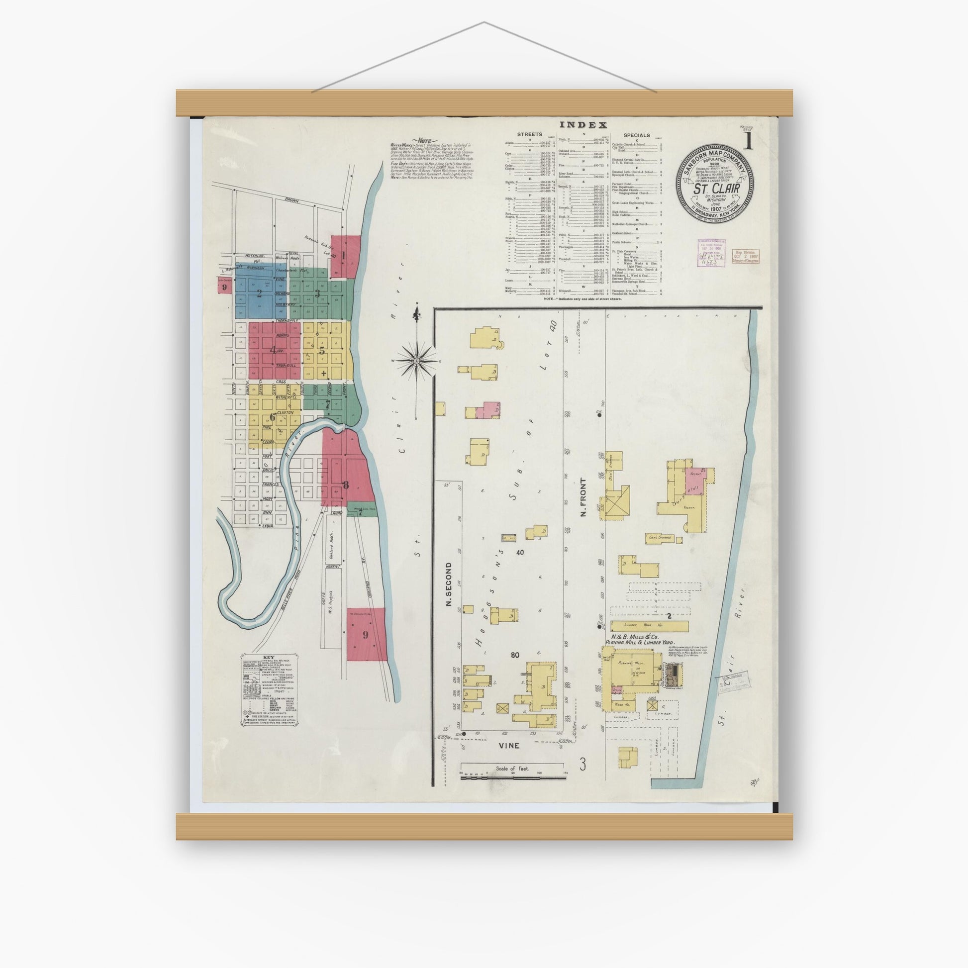 Old map wall art mockup — magnetic wood frame on white wall — Sanborn Fire Insurance Map from Saint Clair, Saint Clair County, Michigan (1907) - Complete Map Set