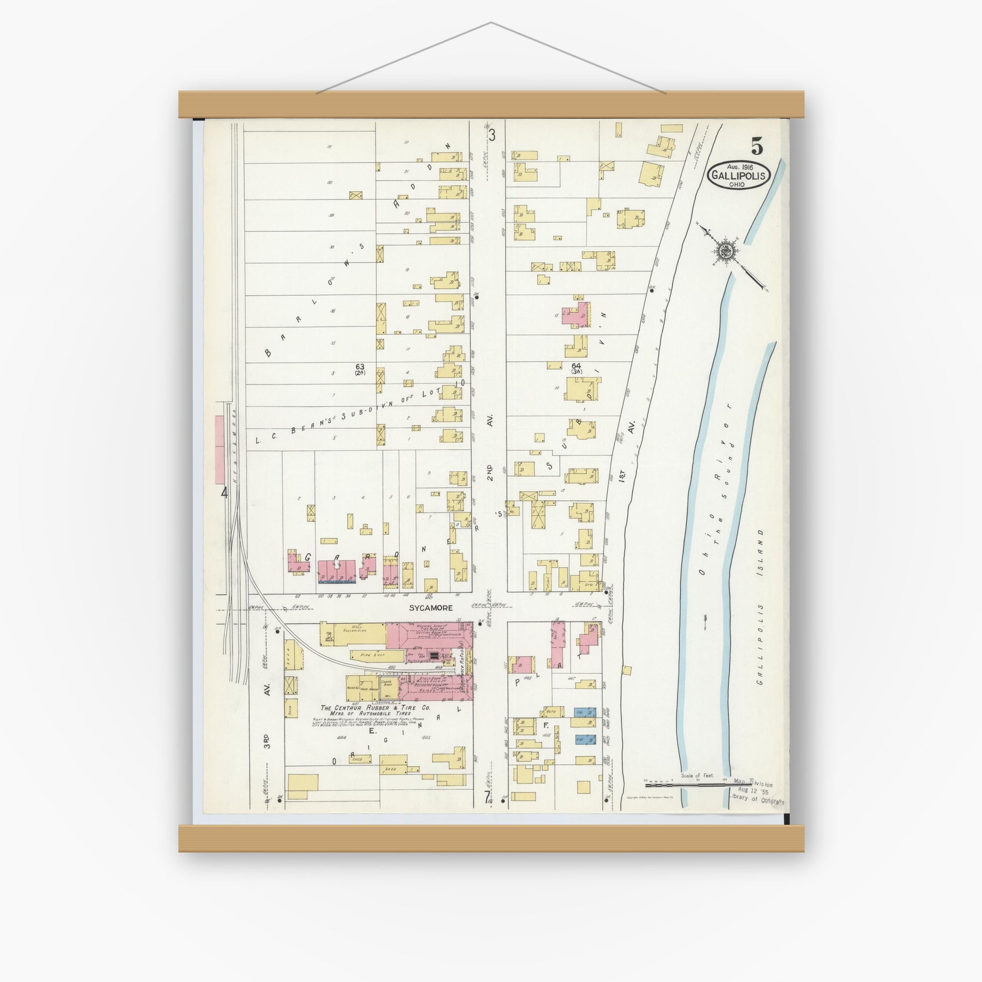 Old map wall art mockup — magnetic wood frame on white wall — Sanborn Fire Insurance Map from Gallipolis, Gallia County, Ohio (1916), Sheet #0005