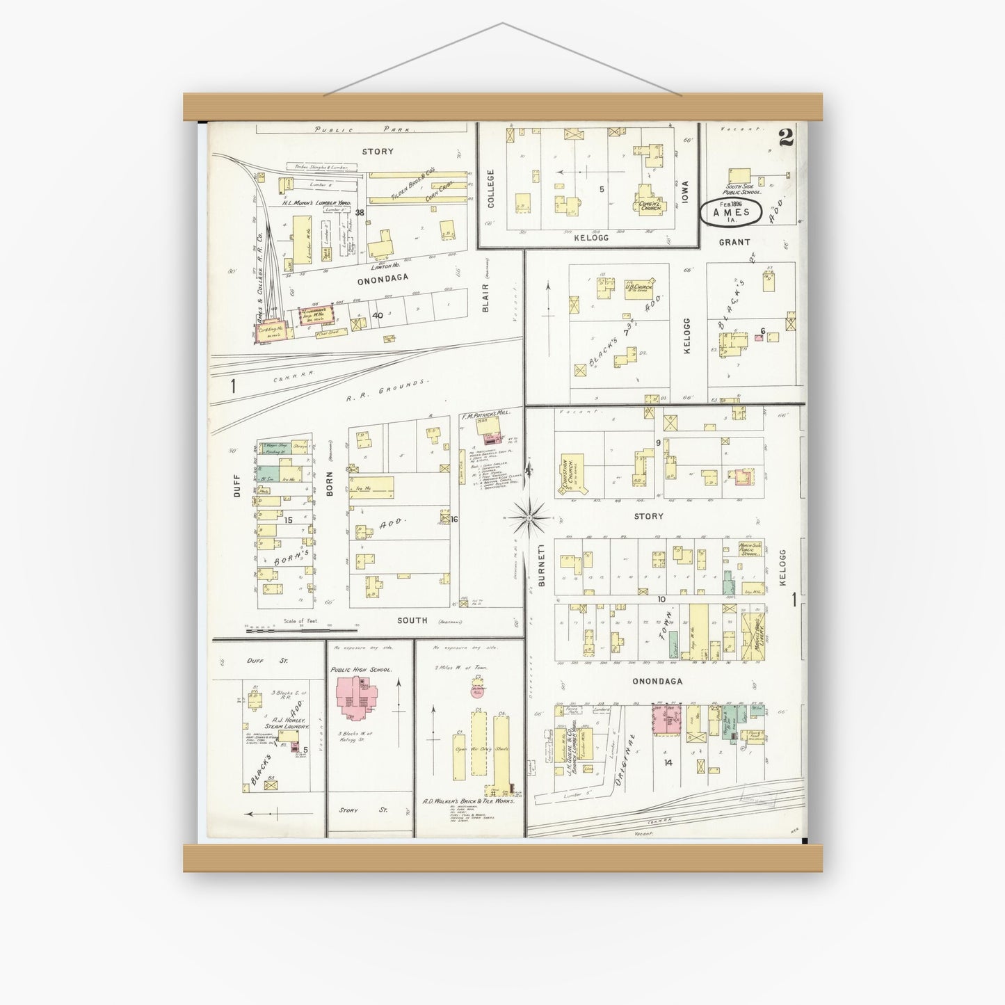 Old map wall art mockup — magnetic wood frame on white wall — Sanborn Fire Insurance Map from Ames, Story County, Iowa (1896), Sheet #0002