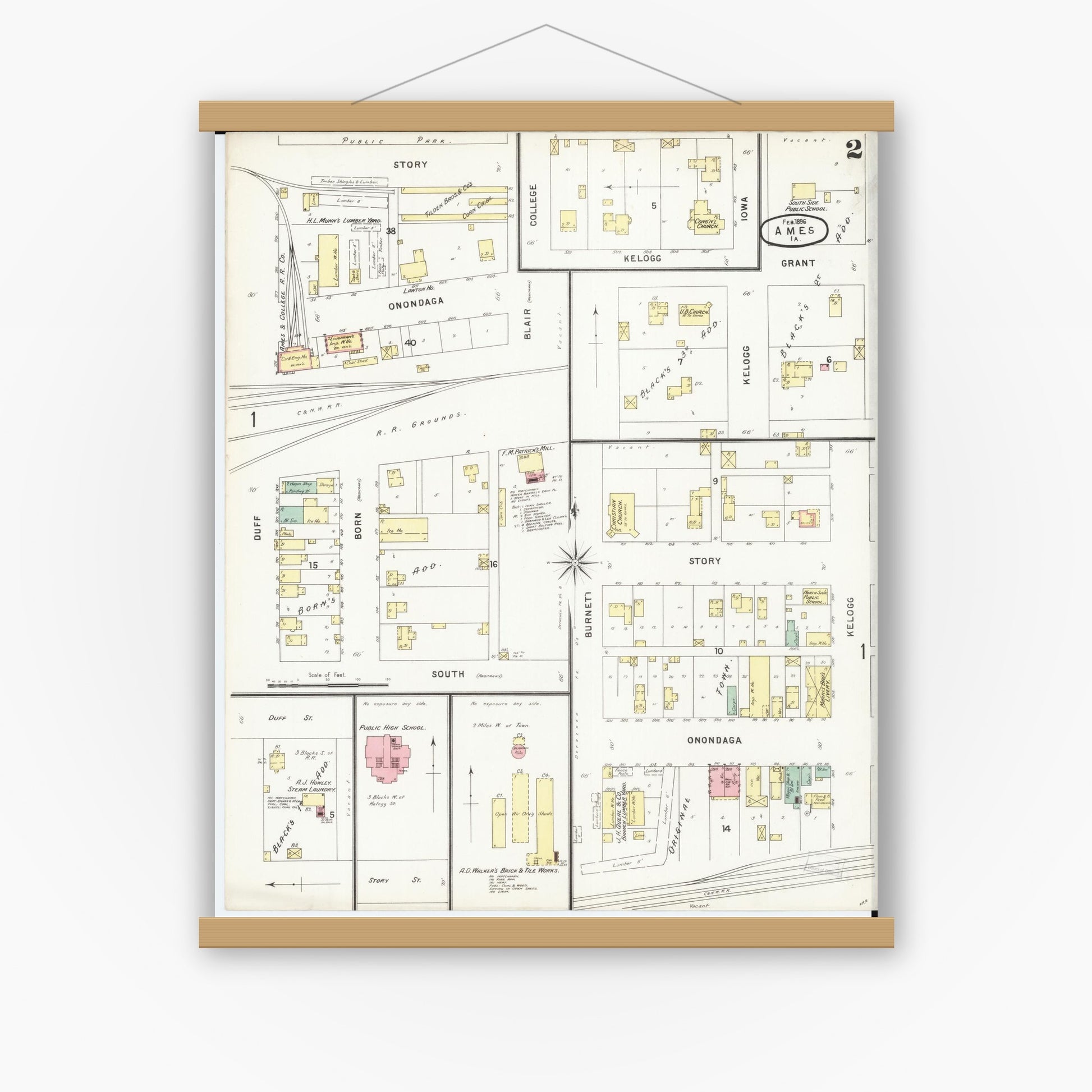 Old map wall art mockup — magnetic wood frame on white wall — Sanborn Fire Insurance Map from Ames, Story County, Iowa (1896), Sheet #0002