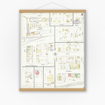 Old map wall art mockup — magnetic wood frame on white wall — Sanborn Fire Insurance Map from Ames, Story County, Iowa (1896), Sheet #0002