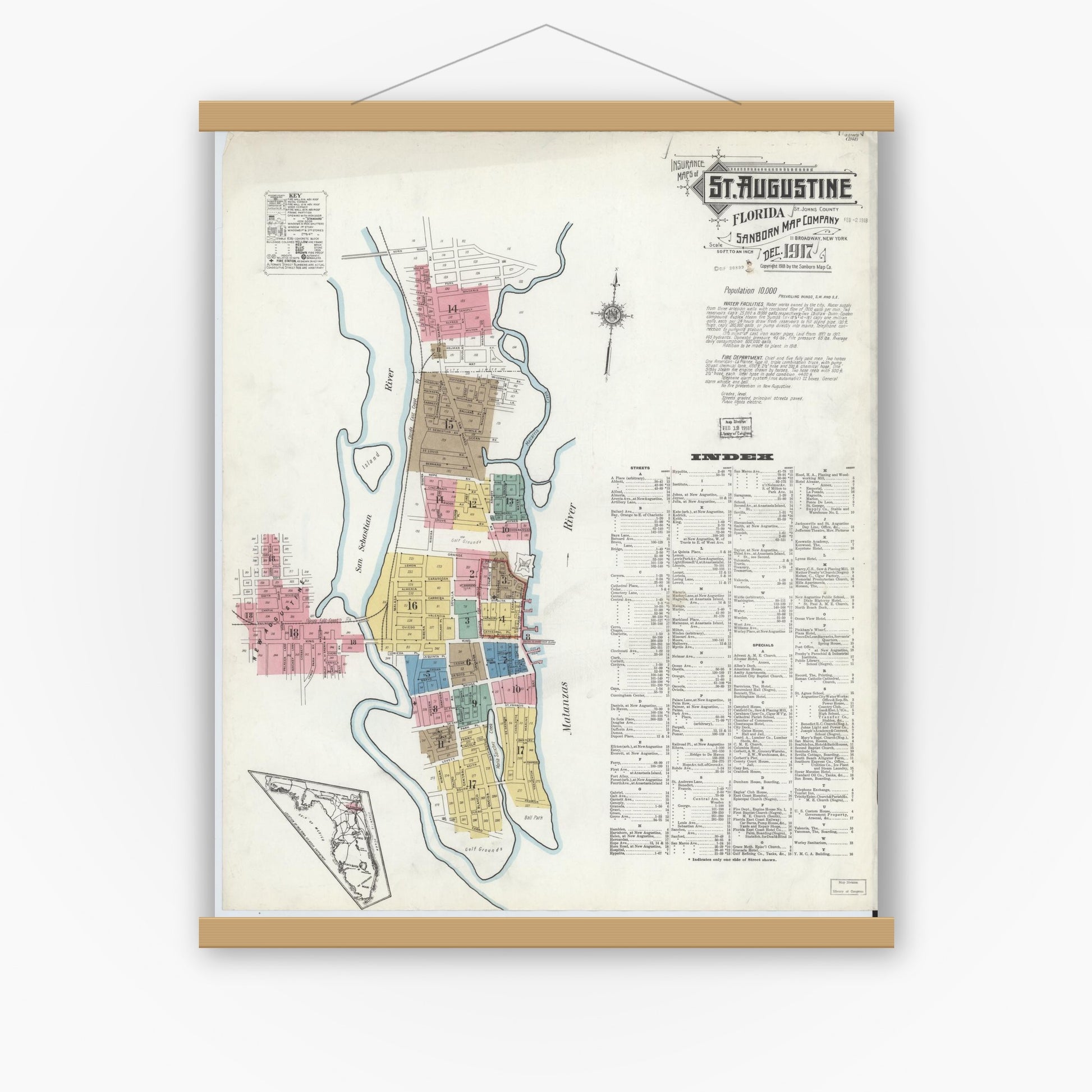 Old map wall art mockup — magnetic wood frame on white wall — Sanborn Fire Insurance Map from Saint Augustine, Saint John's County, Florida (1917) - Complete Map Set