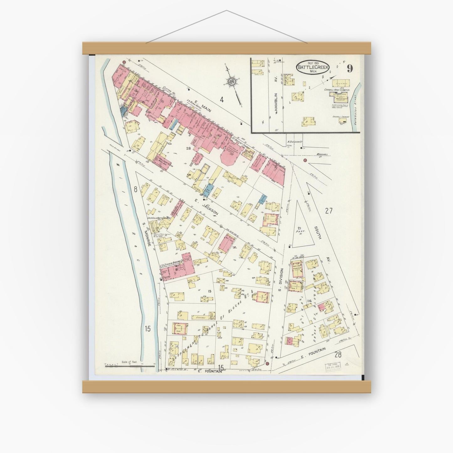 Old map wall art mockup — magnetic wood frame on white wall — Sanborn Fire Insurance Map from Battle Creek, Calhoun County, Michigan (1913), Sheet #0009