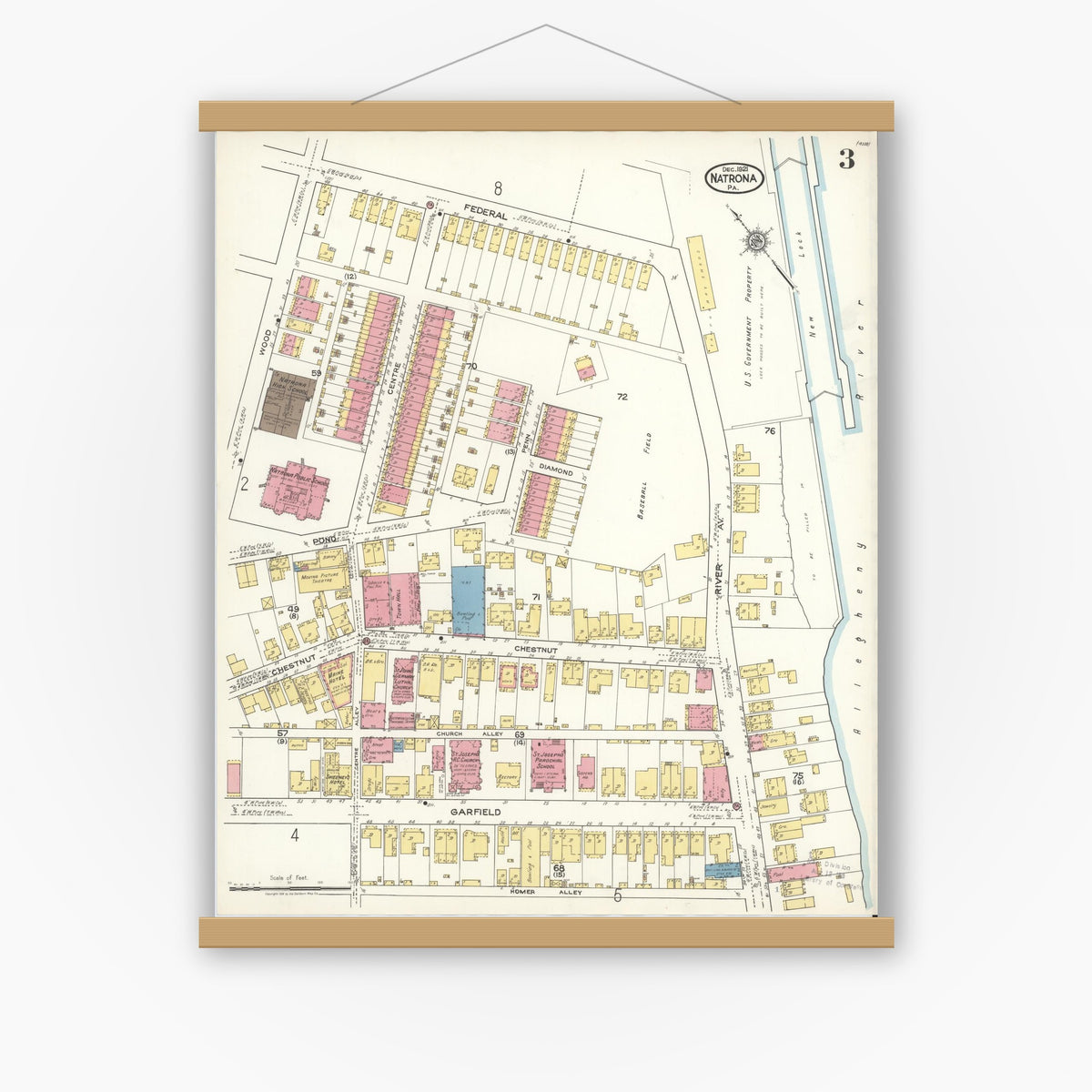 Old map wall art mockup — magnetic wood frame on white wall — Sanborn Fire Insurance Map from Natrona, Allegheny County, Pennsylvania (1921), Sheet #0003