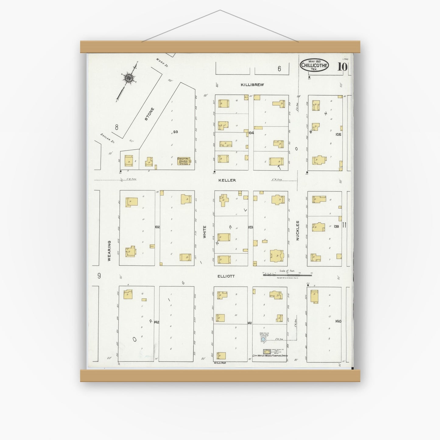 Old map wall art mockup — magnetic wood frame on white wall — Sanborn Fire Insurance Map from Chillicothe, Hardeman County, Texas (1921), Sheet #0010